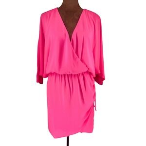 Krisa Neon Pink Wrap Mini Dress Women's Small NWT Ruched Waist Revolve Y2K Vibes